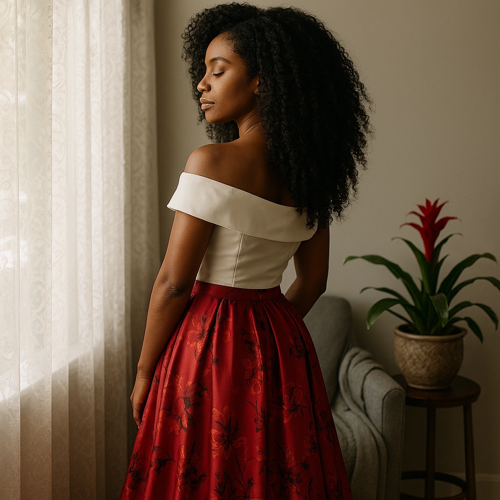 Woman with natural curls in a white top and red floral skirt